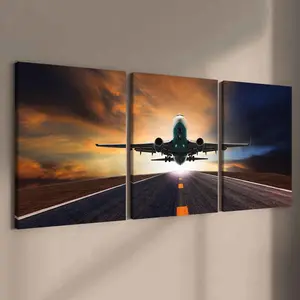 3-Piece Modern Art Canvas Prints, Solid Wood Frame Wall Decor, Airplane Takeoff Landscape Poster, Ideal Gift for Home Decoration