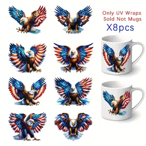 8-Pack Glitter Eagle & American Flag Vinyl Stickers, Cartoon Fantasy Theme, Glossy Finish, Self-Adhesive Decals for DIY UV Transfer on Mugs, Cups, Bottles, Laptops - Waterproof PVC, Glass Surface Compatible, Single Use, Irregular Shape