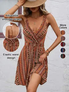 Classic Striped V Neck Backless Strap Dress, All Season Casual Fitted Woven Fabric, Elegant Vacation Beach Short Skirt