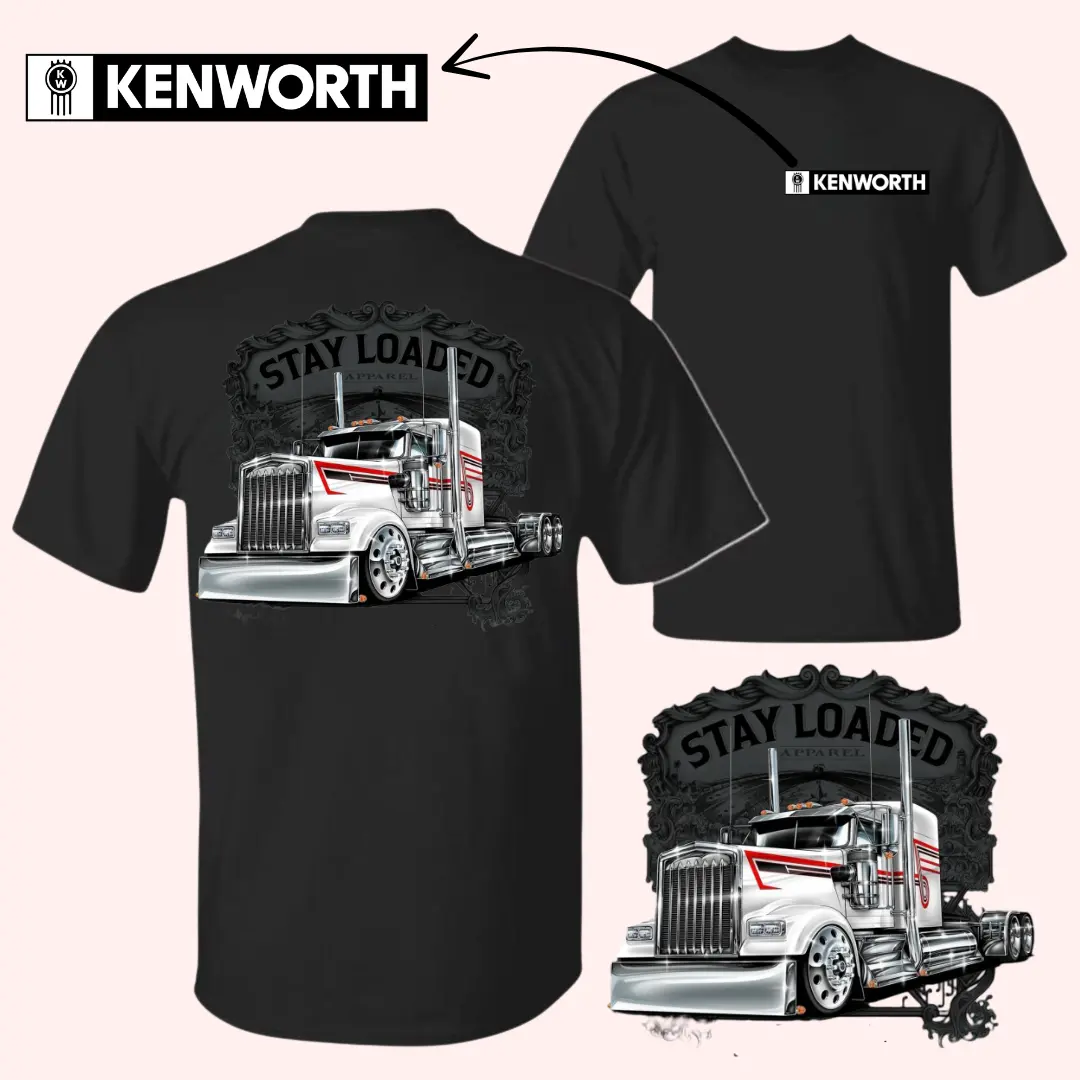 Kenworth Trucker Graphic Short-Sleeve Round Neck Top - Double-Sided Black Road Wear Tee, Front Logo, Back Stay Loaded Rig Design, White Red Semi Truck Art, Gift for Road Warriors, Shortsleeve