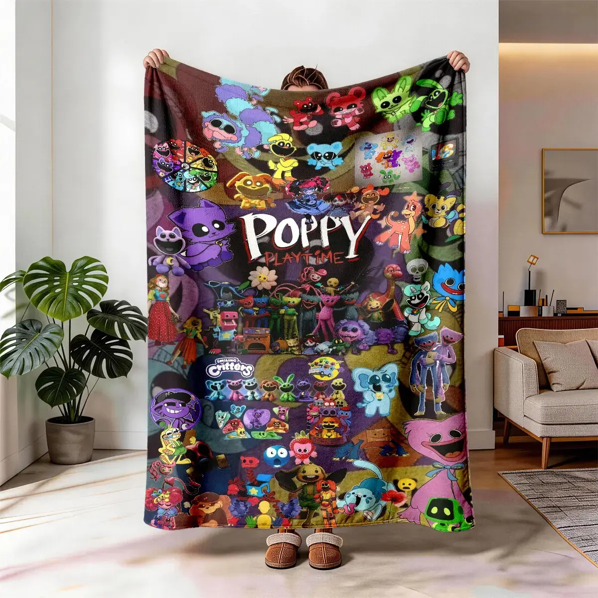 Poppy Playtime Theme Flannel Blanket, Large Size, Soft and Lightweight, Perfect for All Seasons, Ideal for Bed, Sofa, Office, Camping, Travel