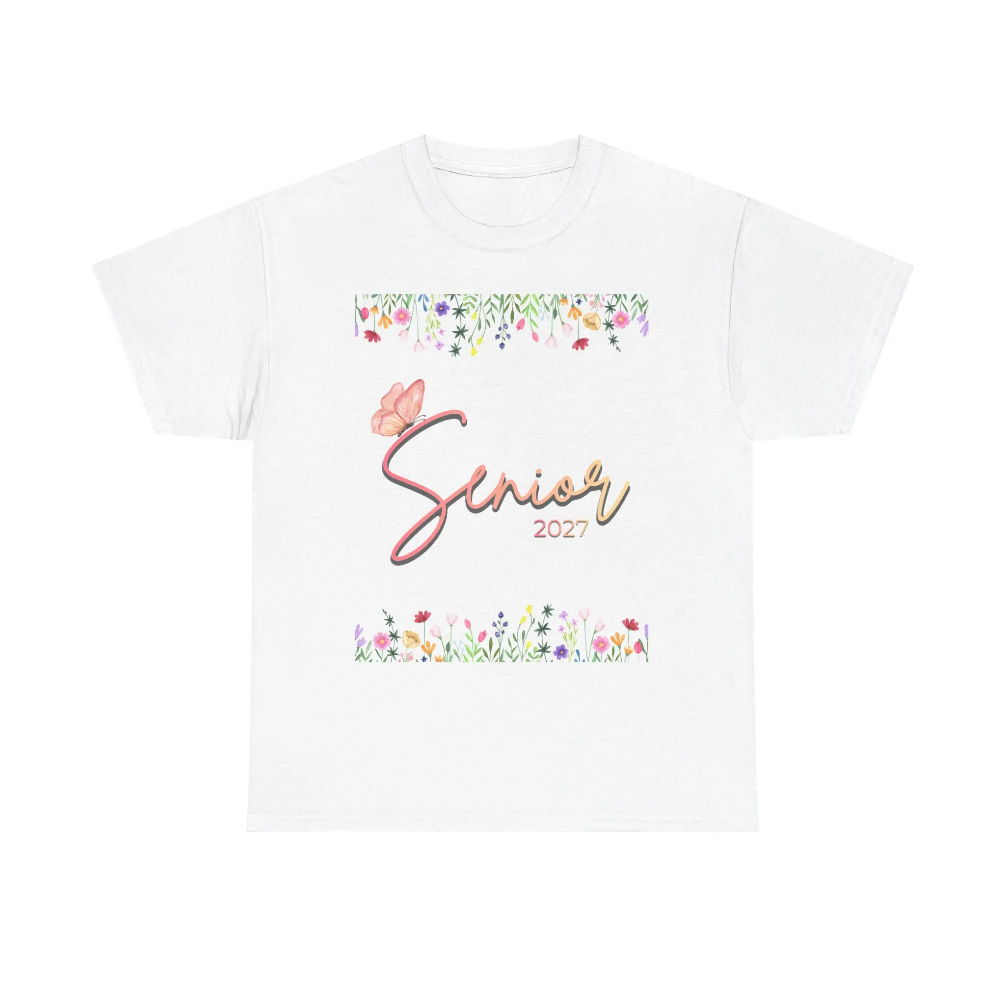 Senior 2027 T-Shirt | Floral Script with Butterfly, Graduation Tee