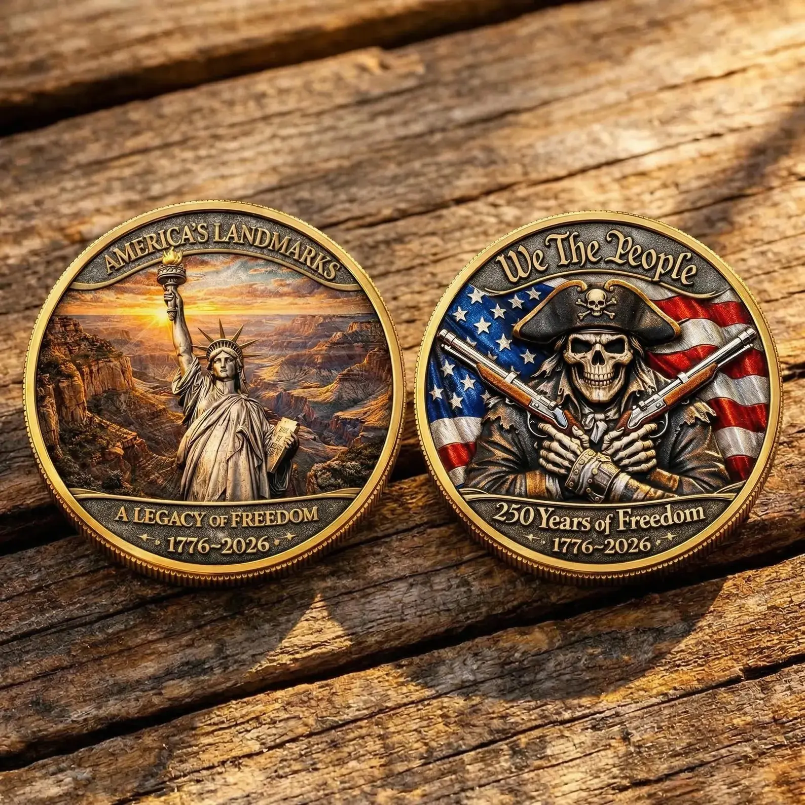 USA 250 Year of Freedom Coin, Skull Patriot 1776-2026 Semiquincentennial Challenge Coin, We The People, Statue of Liberty& Grand Canyon Gift