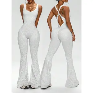 Women's leopard print backless flared jumpsuit - abdominal control tight fit and gym workout pants one-piece set and fitness women's clothingRAIMENTRY