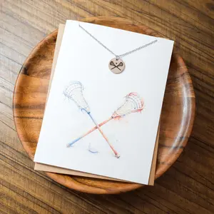 Lacrosse Necklace - Engraved Lacrosse Pendant – Sports Athlete Jewelry Gift for Player Coach Team With Greeting Card