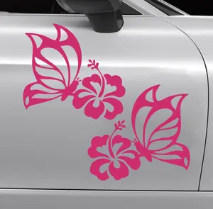 Set of Butterfly on Hibiscus Flower Decal - Premium Vinyl Sticker for Cars & Decor | Thrilling Signs