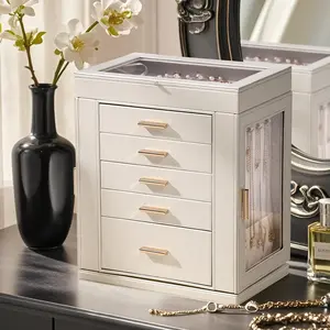 360° Rotating Jewelry Cabinet with 5 Drawers - Waterproof PU Leather, Transparent Display Doors, Removable Dividers & Necklace Hooks, Ultimate Organizer for Rings, Earrings, Watches & Bracelets