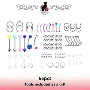 65Pcs Multi-Style Body Piercing Jewelry Set, Hypoallergenic Stainless Steel Colorful Nose Rings, Lip & Cartilage Studs, Suitable for Daily Wear & Casual Gatherings, with Piercing Tools Included as a Gift