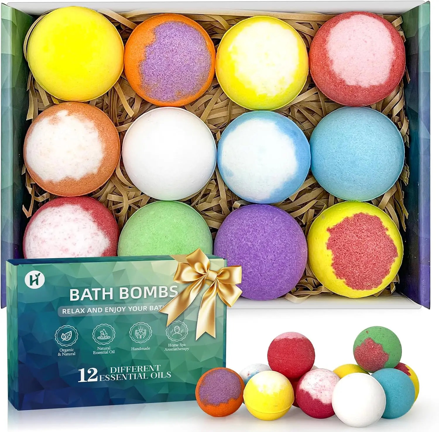 Women's 12-Pack Organic Shea Bath Bombs Set - Daily Spa Relaxing Self-Care Item, Halloween Gift with Variety, Lovingly Wrapped