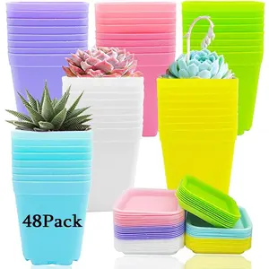 48 count 3 Inch Colorful Plastic  Pot,Plastic Square  Pots,Seedling  Pots with Saucers for Garden,,Office,Balcony Decor,Garden Gifts