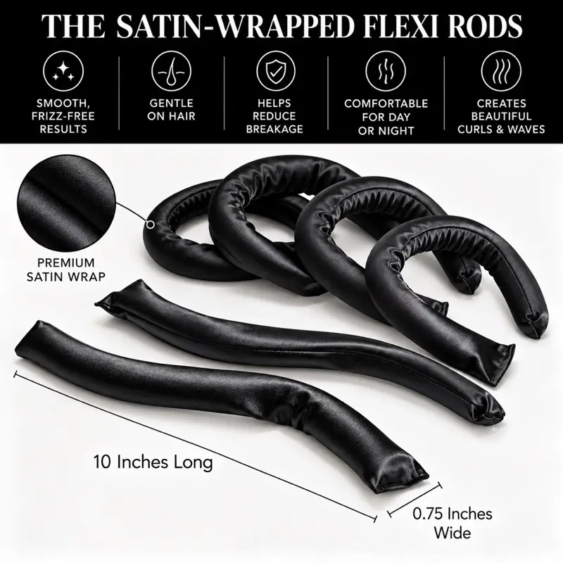 10Rx Botanicals Satin-Wrapped Flexi Rods Heatless Hair Curlers Black 6 Rods 10 Inches Length 0.75 Inches Diameter Smooth Satin Wrap Flexible Design Reusable Hair Styling Accessories