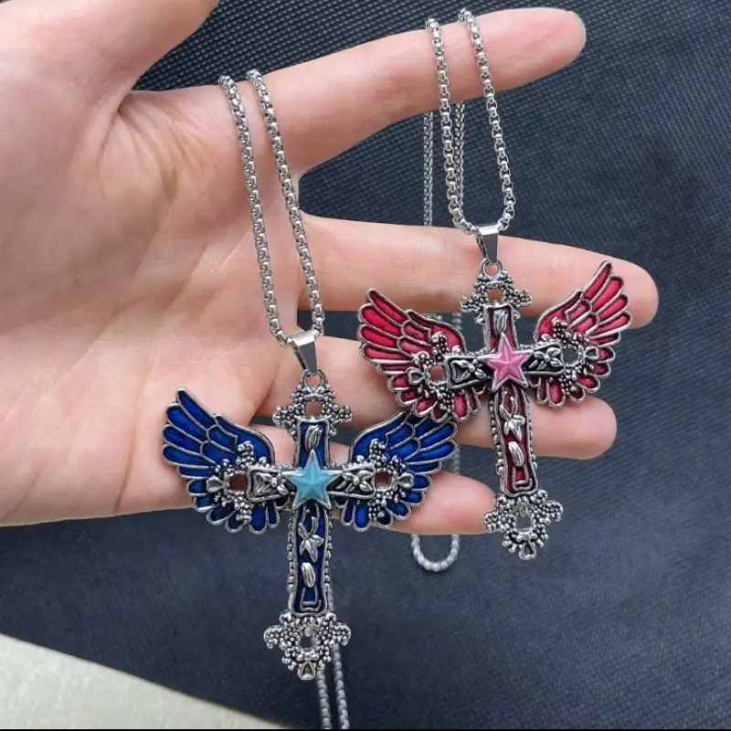 Vintage Gothic Rhinestone Angel Wings Pendant - Stainless Steel Silver Cross Necklaces For Women and Men