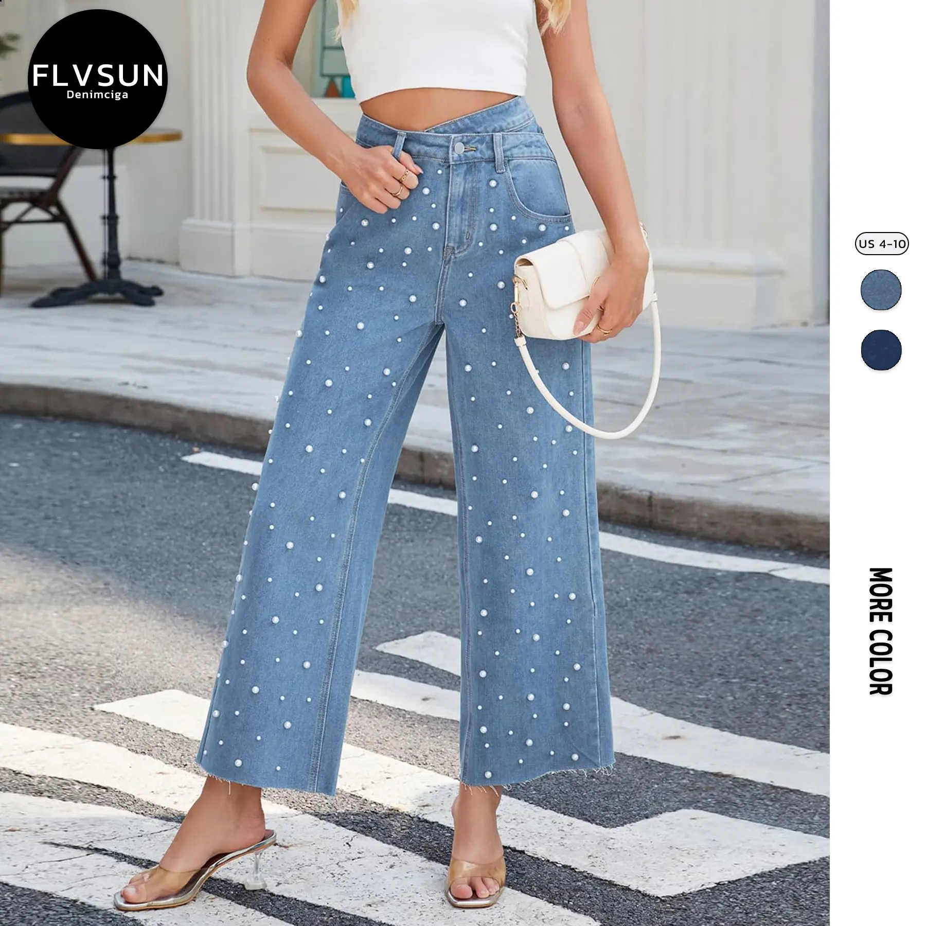 Flvsun Women's Cotton High-Waist Loose Denim Bottoms - Irregular Waistband, Washed Pearl Embellishment, Multi-Pocket Wide Straight Trousers, All-Seasons Casual Streetwear Women's Clothes, Clothes For Women