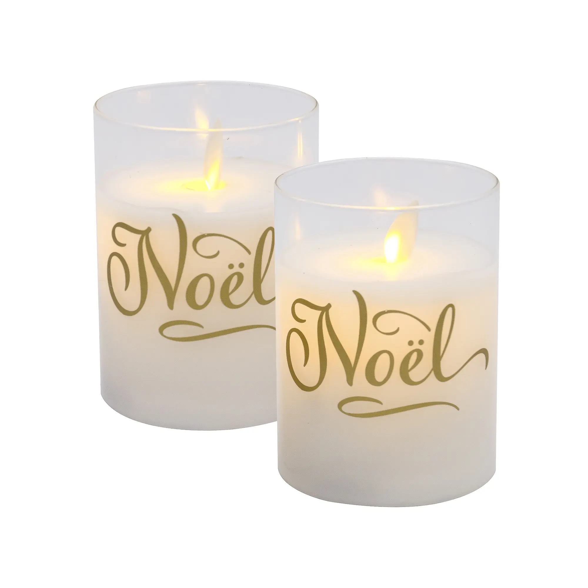 LumaBase Noel 2-Piece Battery-Operated Glass Wax Candle Lights, Motion Flame, 6h Timer Auto Shut-Off, 3"x3"x4", Indoor Only Holiday Decor Lights
