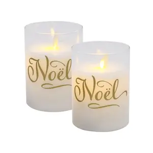LumaBase Battery Operated Glass LED Candles Noel Set of 2 with Flickering LED Light and 6-Hour Timer for Indoor Holiday Decor