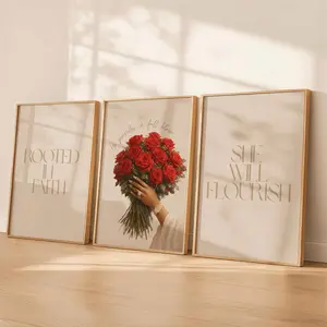 Christian Wall Art Trio | Rooted in Faith Print Set | She Will Flourish | Floral Bible Verse Art for Women | Neutral Bedroom Decor