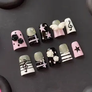 3D Flower Angel Wing Press-On Nails (Duck Bill Shape) |   Handmade Reusable Pink Black Glitter Nails   Uñas Acrílicas Bedazzled Kit Nail Inspo Black Girls