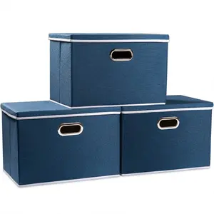 Large Collapsible Storage Bins with Lids [3Pack] Fabric Foldable Storage Boxes Organizer Containers Baskets Cube with Cover for Home Bedroom Closet Office Royal Blue 17.7x11.8x11.8