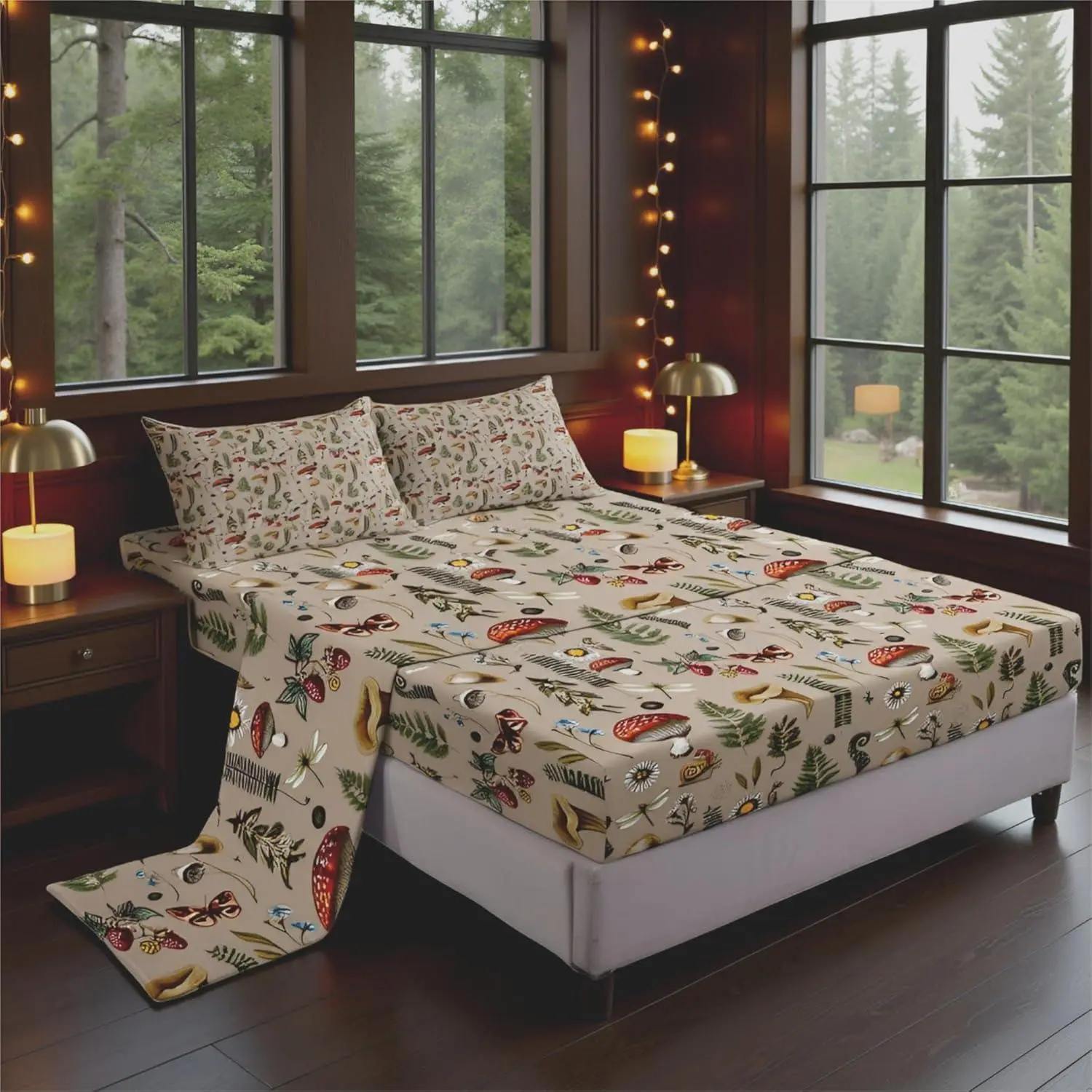 Mushroom Print Bed Sheets Wild Butterfly Outdoor Leaves Decor Sheets Set for Kids Teens Adults Retro Hippie Daisy Rustic Style Bedding Set with Flat,Fitted Sheet