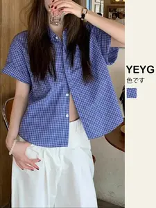 Korean Style Plaid Short Sleeve Shirt for Women, Casual Button Down Front Blouses, Summer Casual Loose-Fit Design, Woven Fabric, Moderate Thickness, New Arrival