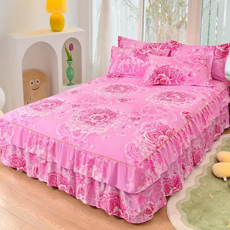 Floral Print Ruffled Edge Bed Skirt Set, 2/3 Counts Soft Comfortable Breathable Bedding Set, Including Bed Skirt & Pillowcase, King Size Bedroom Acces