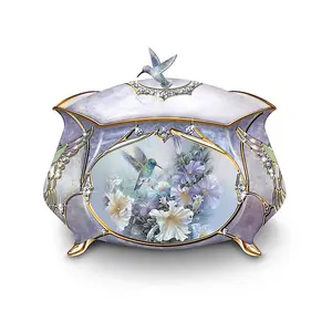 Lena Liu Hummingbirds Porcelain Music Box with Elegant Floral Design and Gold Accents for Home Decor