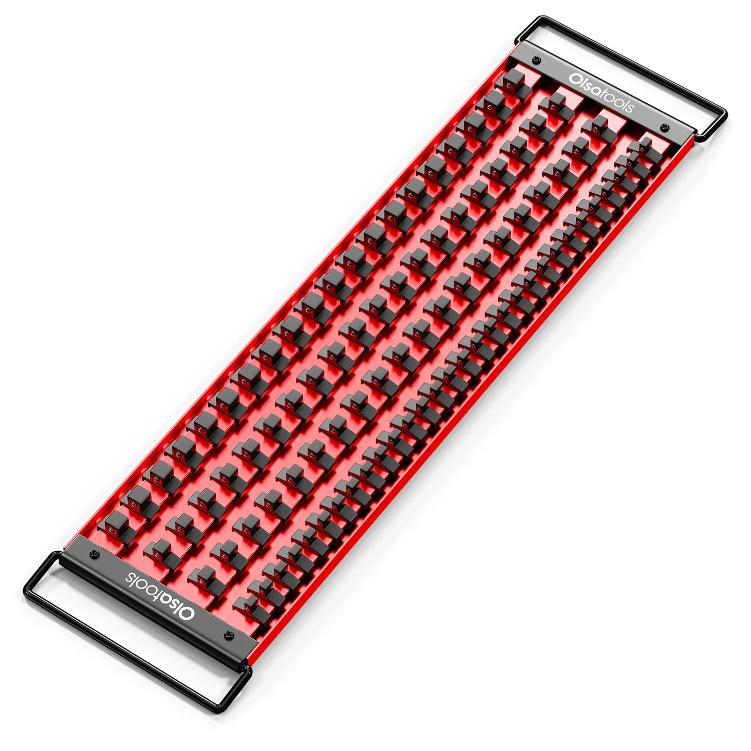 Olsa Tools 90-Slot Portable Aluminum Socket Tray with Black Clips - Dual Pivoting Handles for Easy Transport & Customizable Arrangement
