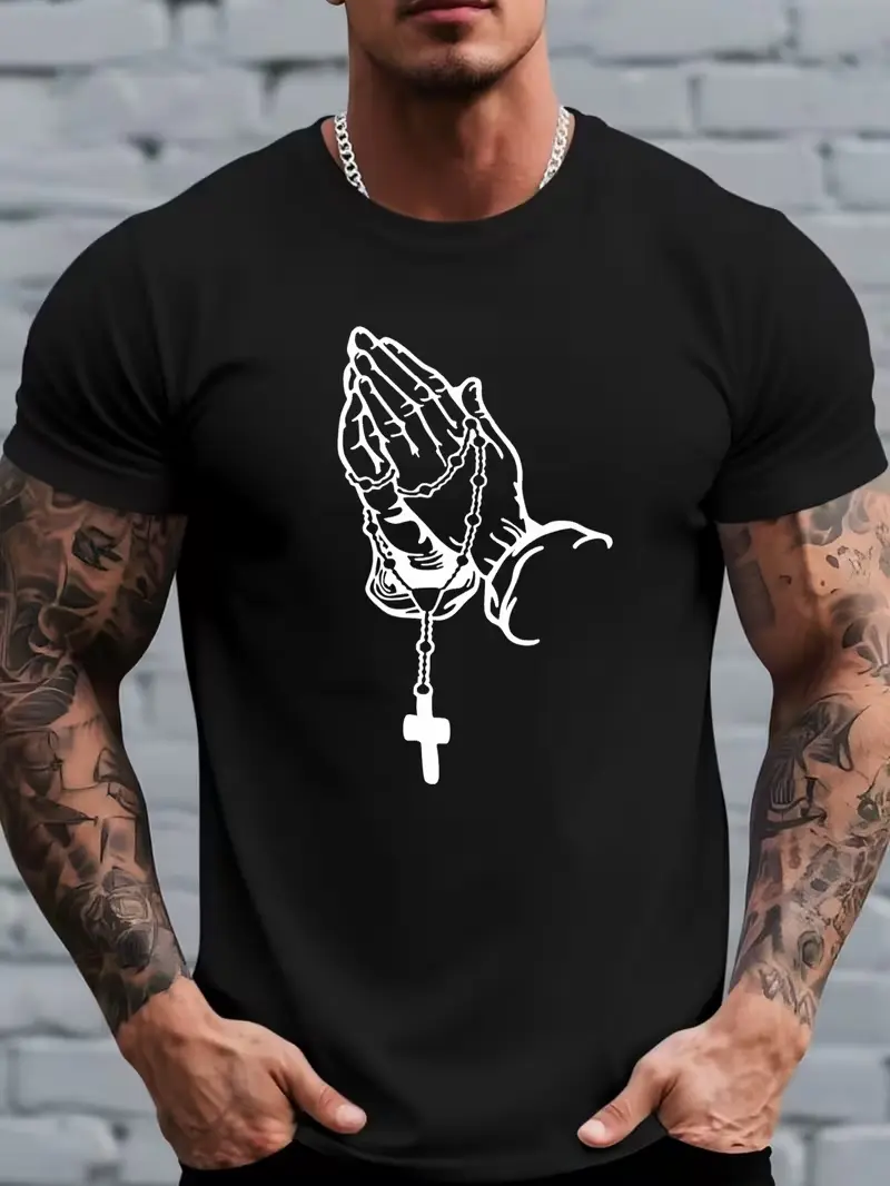 [Men's Cross Print T-Shirt] Men's Short-Sleeve T-Shirt - Cross Prayer Hand Pattern Print - Comfortable & Breathable - Stylish for Casual Summer Wear & Outdoor Activities