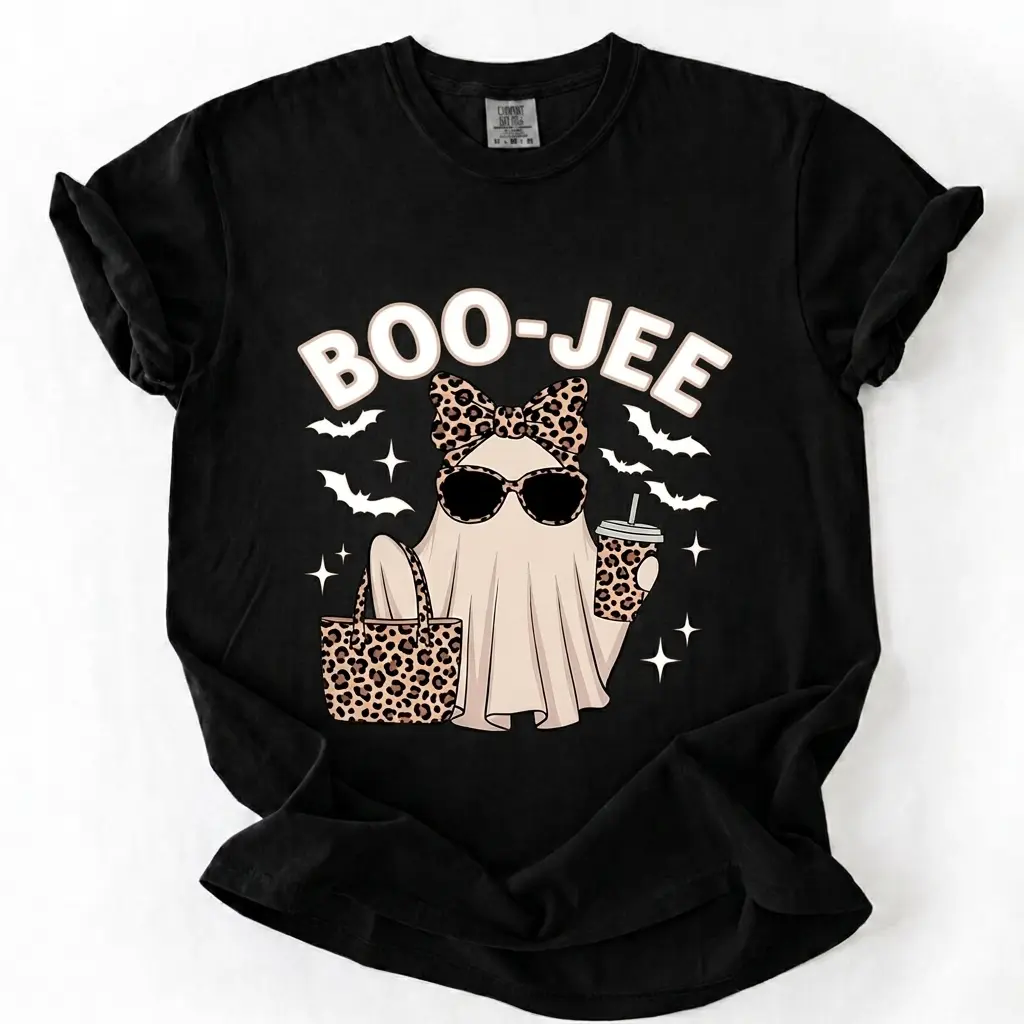 NOVIMA  Comfort Colors Boo-Jee Ghost Shirt, Leopard Ghost Tee, Ghost Coffee Shirt, Funny Fall Shirt, Ghost Tee, Girly Halloween Gift, Boojee Tee