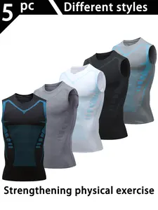 This 5-pack of men's shaping athletic tank tops features a sleeveless design and a compression fit that conforms to muscle lines for a slimming and sculpted look.  Made with high-stretch fabric and quick-drying, breathable material, Fitness Workout Vest W