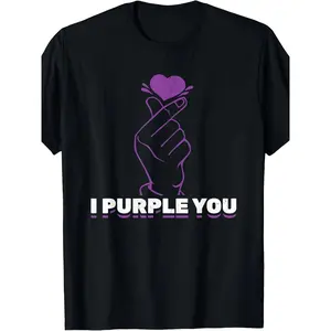 Men's Casual Cotton Short-Sleeve Round Neck Pullover T-Shirt - High Stretch Knit Fabric, "I Purple You" Kdrama Korean Hand Symbol Kpop Print, Digital Heat Transfer, Regular Fit, All-Season Streetwear Menswear Top (1pc)