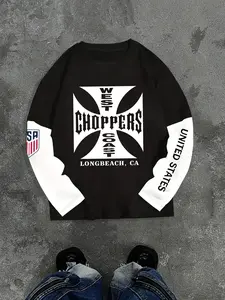 Men's American Biker Long Sleeve T-Shirt, West Choppers Cross Print, California Long Beach Usa Patch, Street Style Casual Top