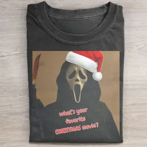 Vintage Cute What's Your Favorite Christmas Movie Graphic Tee - Scream Movie Shirt - Funny Ghostface in Christmas Day Shirt - Santa Claus - Funny Merry Christmas Shirt - Cute Xmas Shirt - Christmas Gifts - Holiday Humor Shirt