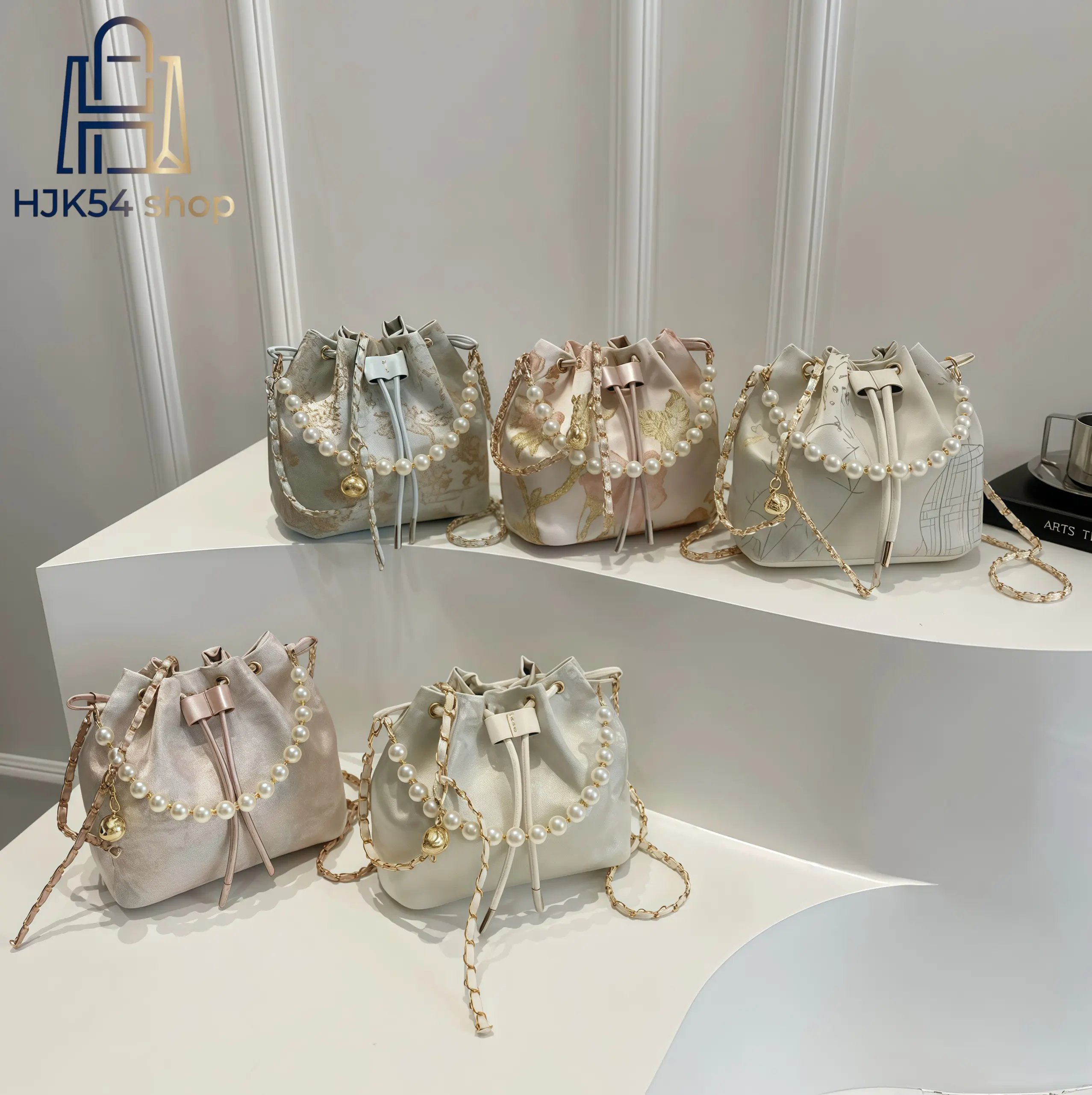 Women's Jacquard Weave Bucket Bag - Pearl Chain Crossbody, Drawstring Closure Mini Shoulder Handbag, Elegant Lightweight Casual Party Ready Accessory for Daily Use