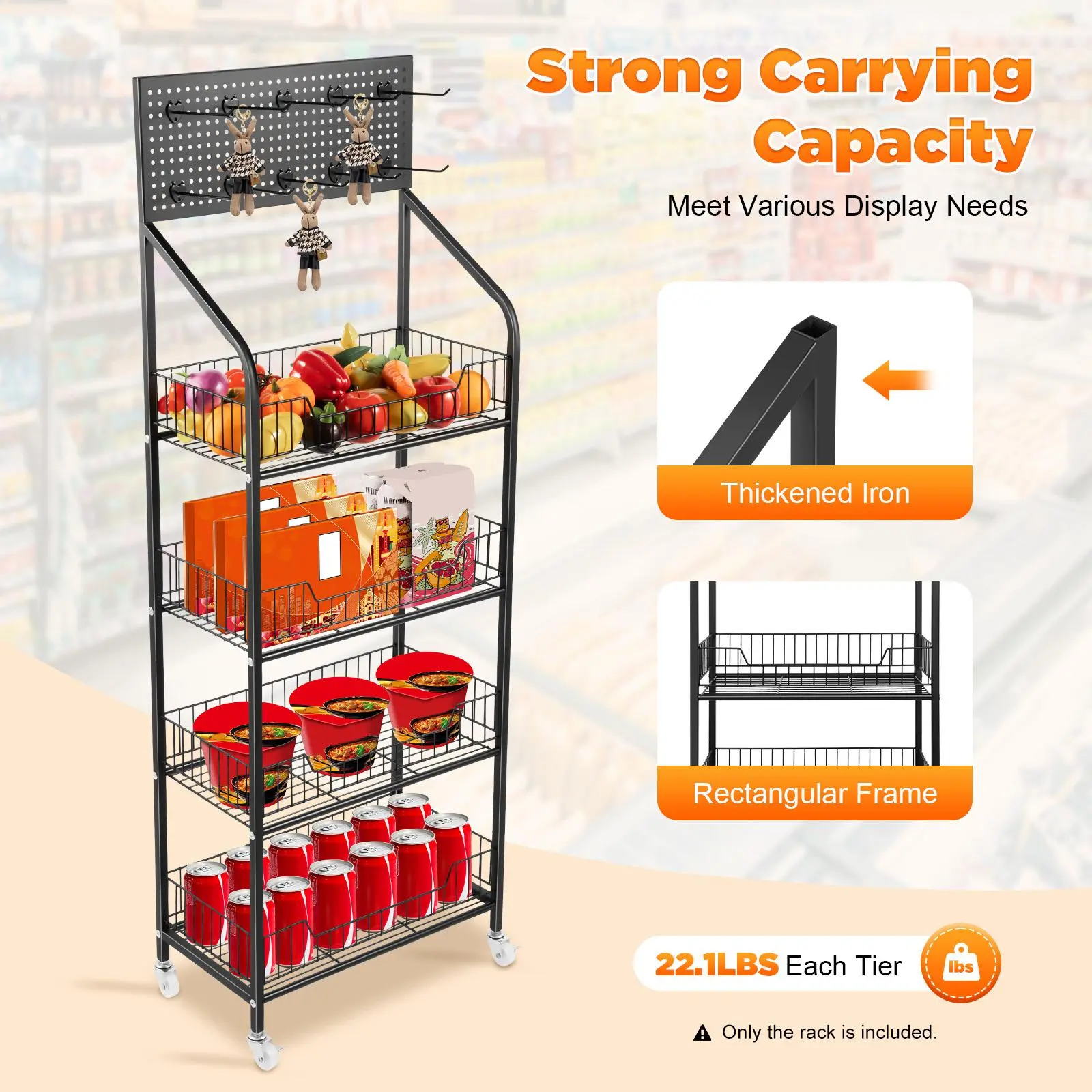 Metal 4-Tier Adjustable Rolling Snack Display Rack - Freestanding Kitchen Storage Basket Organiser