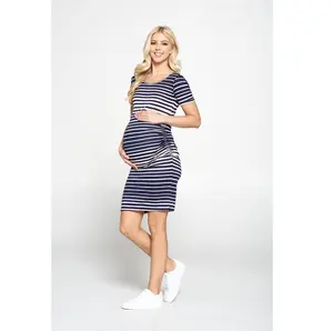 Made in USA- Maternity Bodycon Casual Short Sleeve Dress Stripe Design