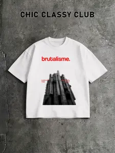 American High Street Brutalism Building T-Shirt for Men, Loose Fit Oversize Short Sleeve, Minimalist Industrial Style Top