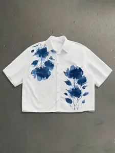 Men's Vintage Short Sleeve Shirt, Chinese Style Porcelain Floral Print, Street Fashion, Casual Wear, All Seasons