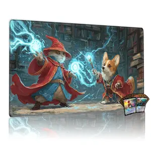 Adorable Wizard Cat and Corgi Magic Battle Playmat 12x24inch for MTG Trading Card Game Mat Table Mat Fantasy Art Perfect Gift for Card Gamers and Collectors