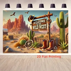 2D Flat 1PC Polyester Banner, Wild West Cowboy Theme "WELCOME TO THE WILD WEST", Smooth Draping & Fade Resistant, Retro Western Style, for Cowboy Themed Party, Country Event Decoration, Photography Backdrop, Window Display, Indoor & Outdoor Use