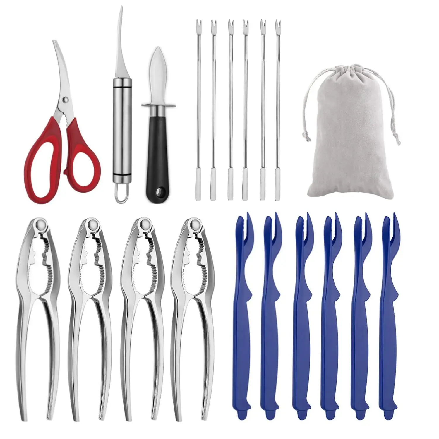 19 Pack Crab Crackers and Tools, Heavy Duty Nut Crackers Seafood Tools for Crab Legs - 4 Crab Crackers 6 Seafood Fork 6 Lobster Crackers 1 Seafood Scissors 1 Oyster Knife 1 Shrimp Cleaning Tool