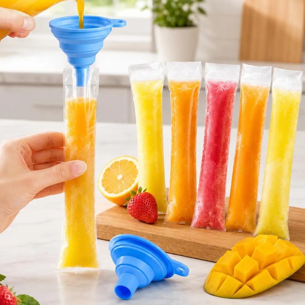 100 PCS Single-Use Tube-Shaped Plastic DIY Popsicle Bags with Free Silicone Funnel - Leakproof Freezer-Safe Kitchen Utensils for Homemade Popsicles, Summer Party Treats
