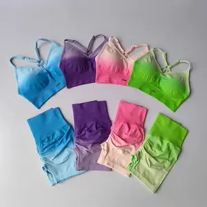 2 Piece Sportswear Seamless Gradient Yoga Workout Suit- Sports Bra + High Waist Gym Shorts