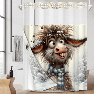 1PC/4PCS 2D Flat Printing Winter Joy: Brown - Gray Snowman with Scarf Patterned shower curtain, home bathroom decor, shower curtain set with 12 hooks, non-slip bathroom rug, U-shaped toilet seat cover, toilet seat mat.