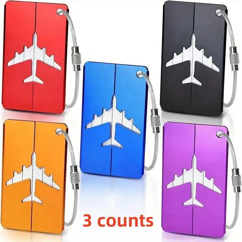 Random Color Airplane Design Luggage Tag, 3 Counts/set Aluminum Alloy Luggage Tag with Safety Loop, Fashionable Luggage Identifier for Travel, Travel Accessories, Durable Travel Accessory, Traveling Gadgets, Travel Essentials