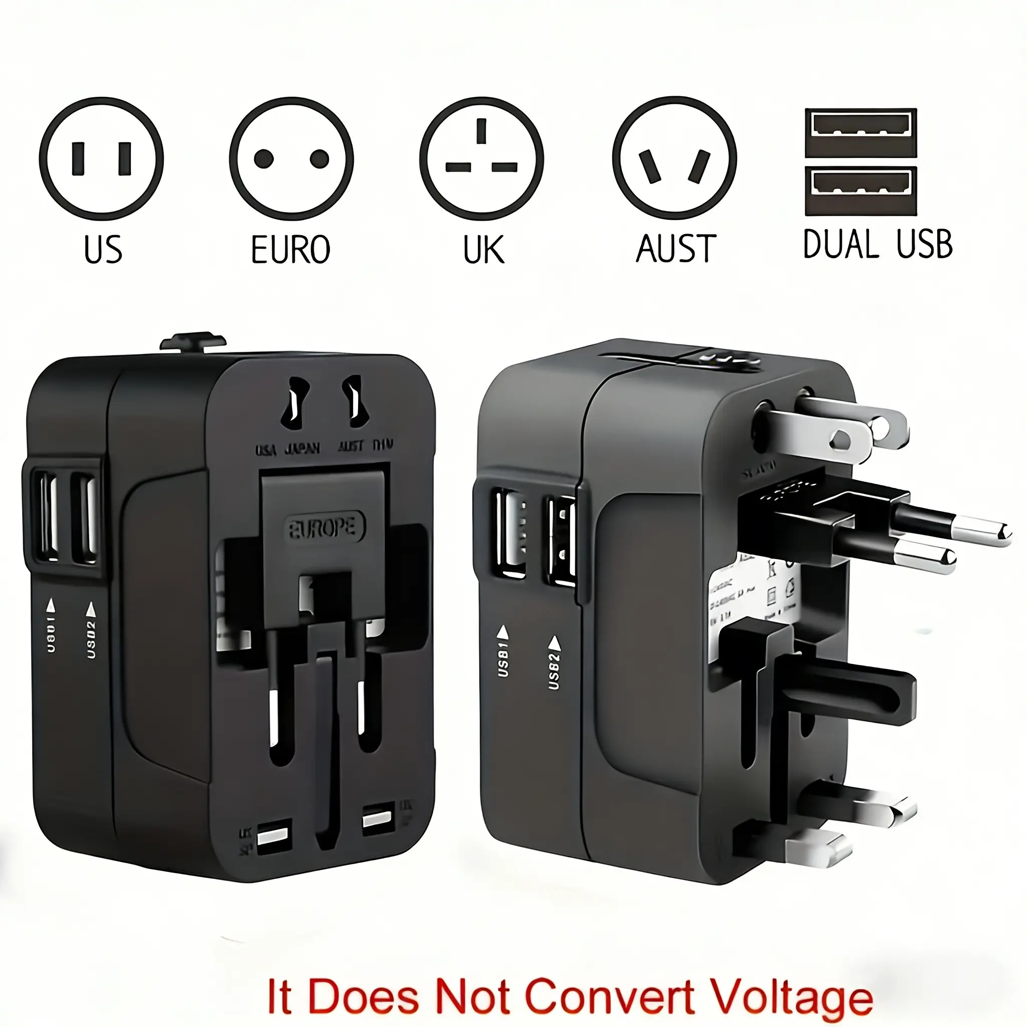 Universal Travel Adapter with 2 USB Ports, European Plug Adapter for Italy Japan Uk Europe, Global Use, International Plug Adaptor, Model Xinghao Sn31pro, Power Plug Adapter