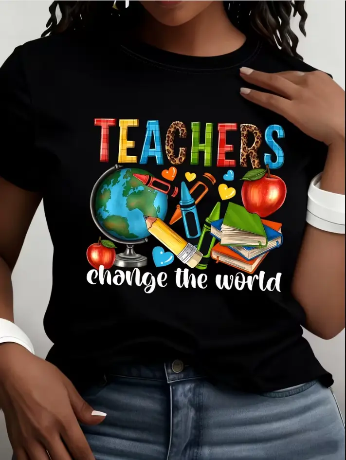 Women's Retro Teacher-Themed Cotton T-Shirt - Round Neck, Short-Sleeve, Breathable, Lightweight, Loose Casual Top with Staff Print, Machine-Washable, Suitable for Educators & Events, Shortsleeve, Printed