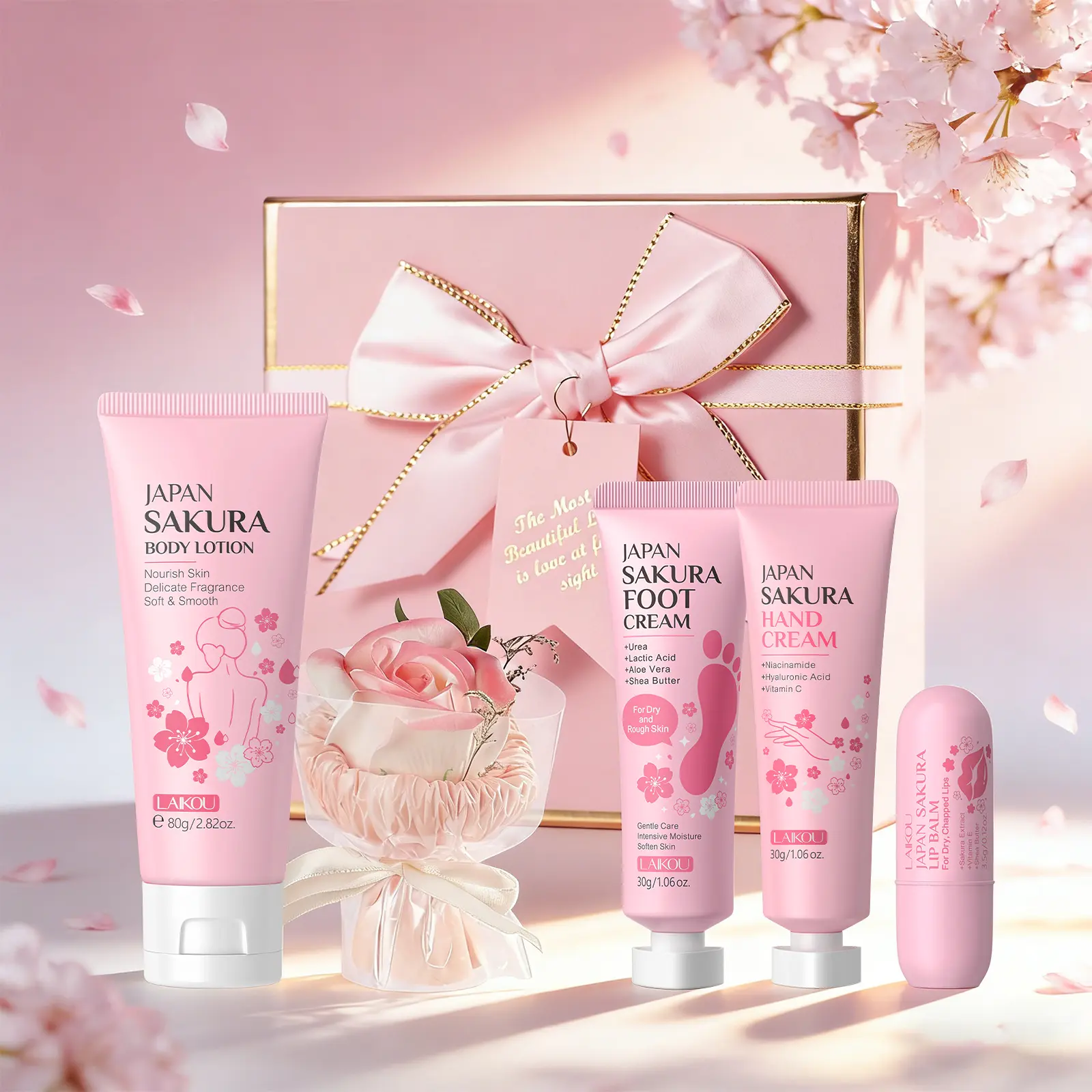 LAIKOU Japan Sakura Body Care Set | Body Lotion, Foot Cream, Lip Balm & Hand Cream | Deeply moisturizing, nourishes dry skin, softens and brightens,  hydrating, for all-day comfort.