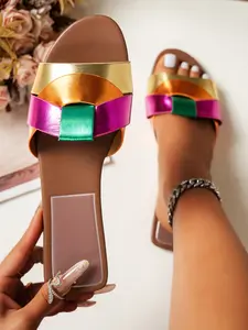 Women's Colorblock Metal-Feel Sandals, Open Toe Flat Slippers, Summer Beach Shoes, Fashionable Outdoor Footwear, Footwear For Beach