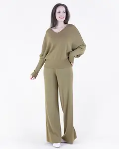 Two-Piece Set V-Neck Knit Sweater w/ Tied High Cuff Batwing Sleeves & Matching High Waist Casual Wide Leg Pants Minimalist Womenswear Elegance Chic